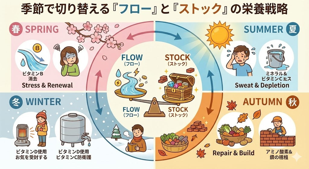 その不調、季節のせい？春夏秋冬で切り替える「フロー」と「ストック」の栄養戦略。