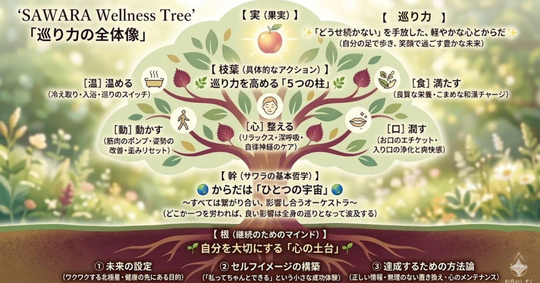 【図解】なぜあなたの健康法は続かないのか？からだと心を育てる「サワラ・ウェルネス・ツリー」のお話