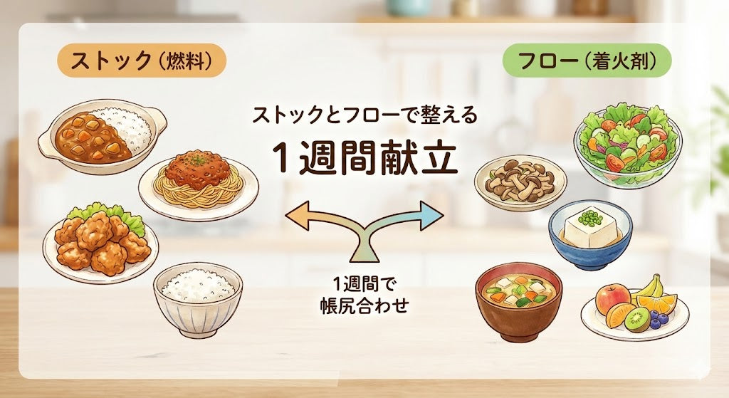 【献立表公開】カレーやパスタもOK！「ストック」と「フロー」で調整する、1週間の賢い食べ方。