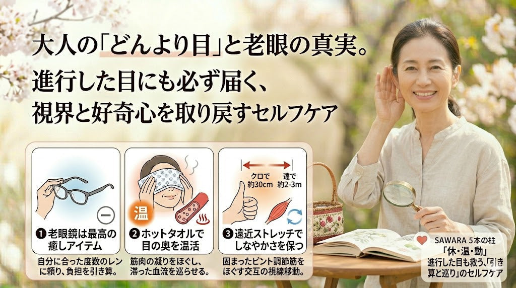 大人の「どんより目」と老眼の真実。進行した目にも届く、視界と好奇心を取り戻すセルフケア